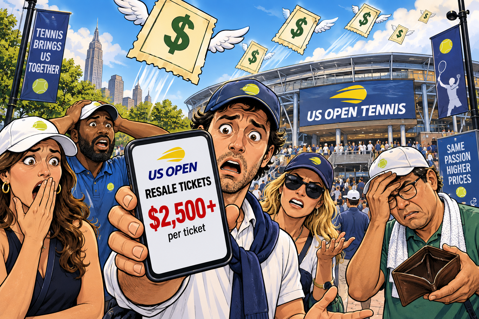 Satirical illustration of frustrated tennis fans reacting to expensive US Open resale tickets